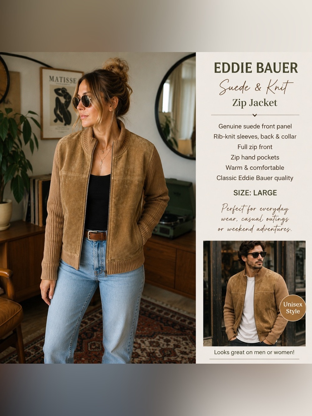 Seattle Suede Genuine Leather & Knit Zip Jacket L Eddie Bauer